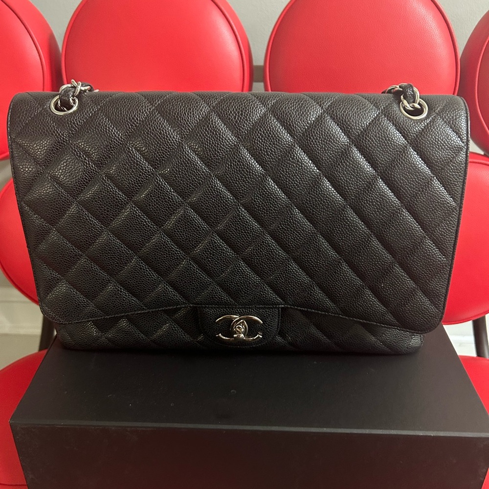 Chanel Classic Caviar Maxi Bag Black Caviar Leather Silver Hardware Double Flap